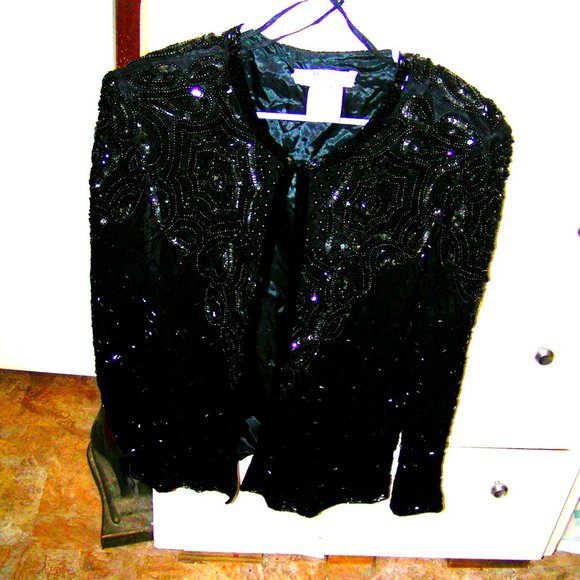 VINTAGE ADRIANNA PEPELL BLACK BEADED SILK EVENING JACKET S/M - Picture 2 of 5